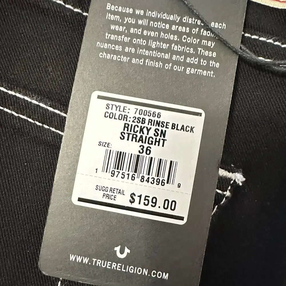True Religion Ricky Relaxed Straight Jeans Black Denim Contrast Stitch 36x30 NWT